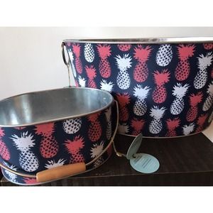 Large Galvanized Metal Beverage Tub & Utensil Caddy, Pineapples, Summer, Patio